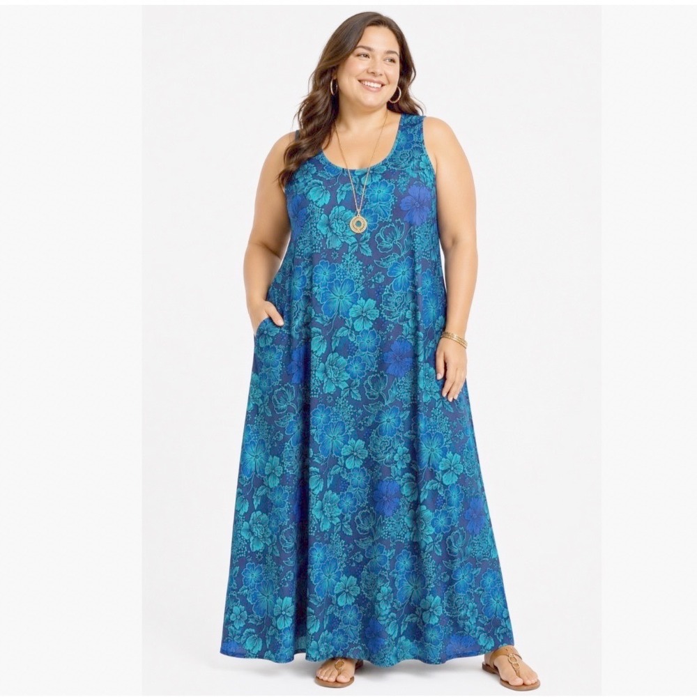 Soft Surroundings Santiago Dress 2X Blue Floral Sleeveless Maxi Jersey Knit Tank